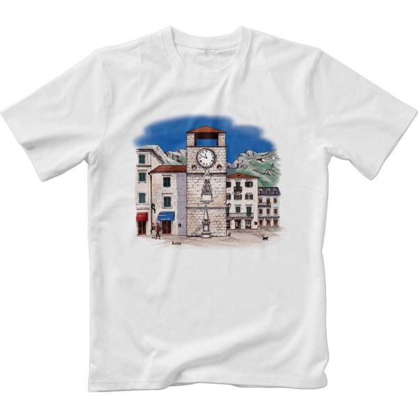 Image of white t-shirt with color print of Clock Tower in Kotor