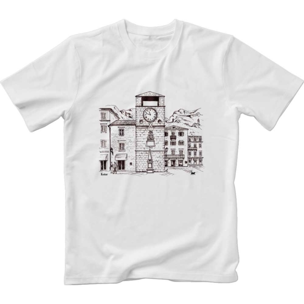 Image of white t-shirt with monochrome print of Clock Tower in Kotor