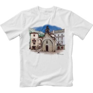 Image of white t-shirt with color print of Kotor Saint Luke church