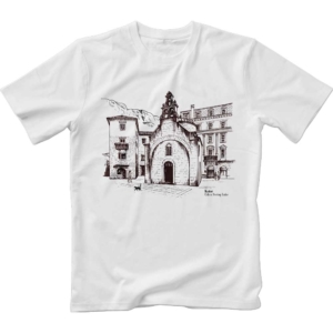 Image of white t-shirt with monochrome print of Kotor Saint Luke church