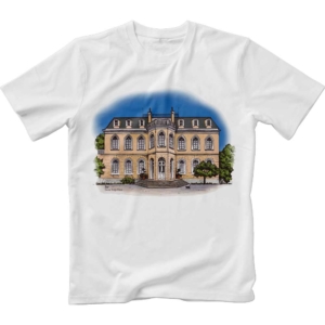 Image of white t-shirt with color print of King Nikola's Palace in Bar