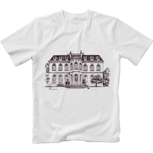 Image of white t-shirt with monochrome print of King Nikola's Palace in Bar