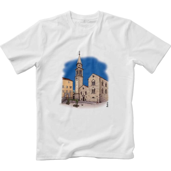 Image of white t-shirt with color print of Budva Old Town Churches Square