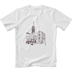 Image of white t-shirt with monochrome print of Budva Old Town Churches Square