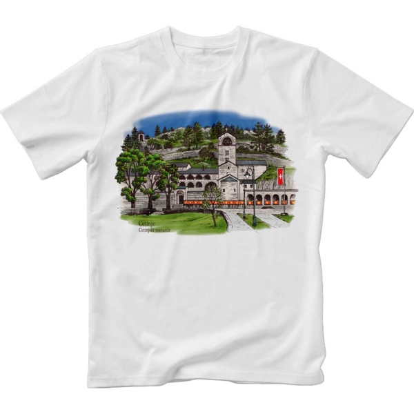 Image of white t-shirt with color print of The Cetinje Monastery in Cetinje