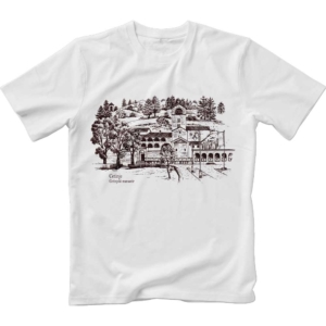 Image of white t-shirt with monochrome print of The Cetinje Monastery in Cetinje