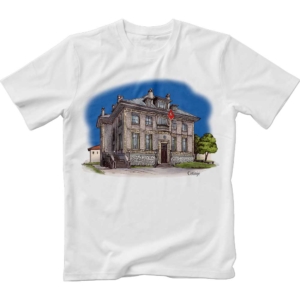 Image of white t-shirt with color print of The former French Embassy Building in Cetinje