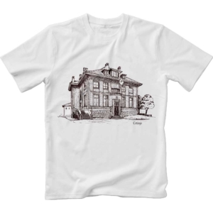 Image of white t-shirt with monochrome print of The former French Embassy Building in Cetinje