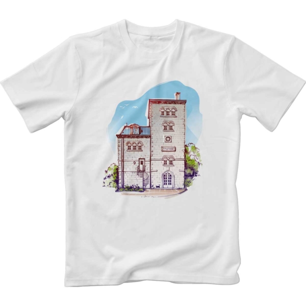 Image of white t-shirt with color print of two houses Herceg Novi