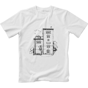 Image of white t-shirt with monochrome print of two houses in Herceg Novi