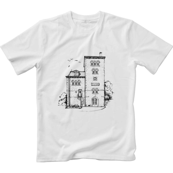 Image of white t-shirt with monochrome print of two houses in Herceg Novi