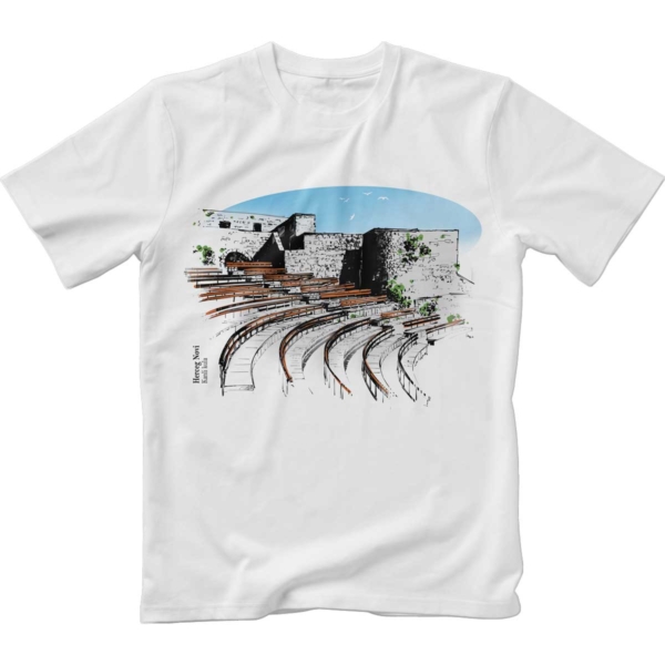 Image of white t-shirt with color print of Kanli Kula Herceg Novi