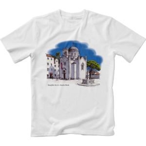 Image of white t-shirt with color print of St Achangel Michael Church in Herceg Novi