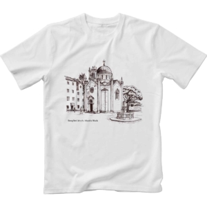 Image of white t-shirt with monochrome print of St Achangel Michael Church in Herceg Novi