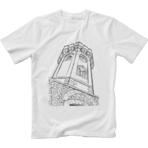 Image of white t-shirt with monochrome print of Sat Kula in Herceg Novi