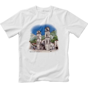 Image of white t-shirt with color print of Katedrala Svetog Tripuna in Kotor