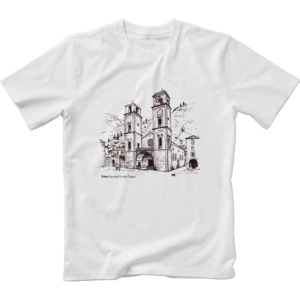 Image of white t-shirt with monochrome print of Katedrala Svetog Tripuna in Kotor