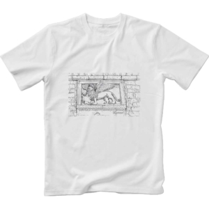 Image of white t-shirt with monochrome print of Bas-relief of the Lion