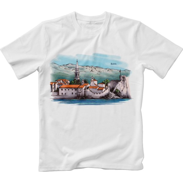 Image of white t-shirt with color print of Budva