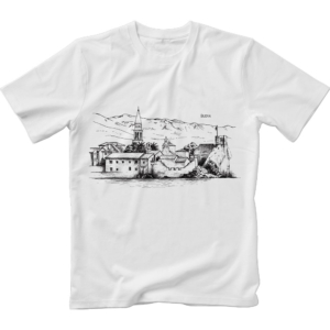 Image of white t-shirt with monochrome print of Budva