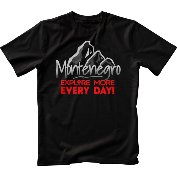 Black t-shirt with print: Montenegro. Explore more every day!