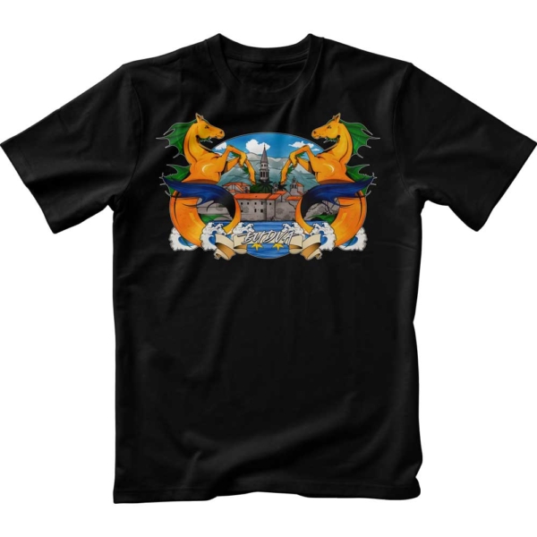 Black t-shirt with color print Budva and Mythical Creature