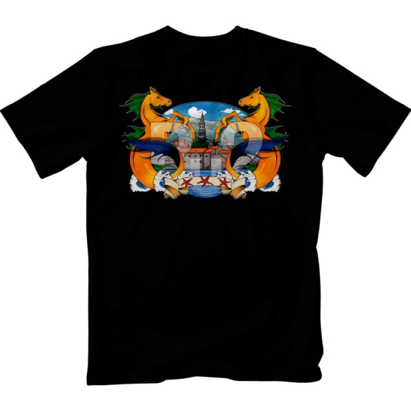 Black t-shirt with color print Budva and Mythical Creature variant Bu2