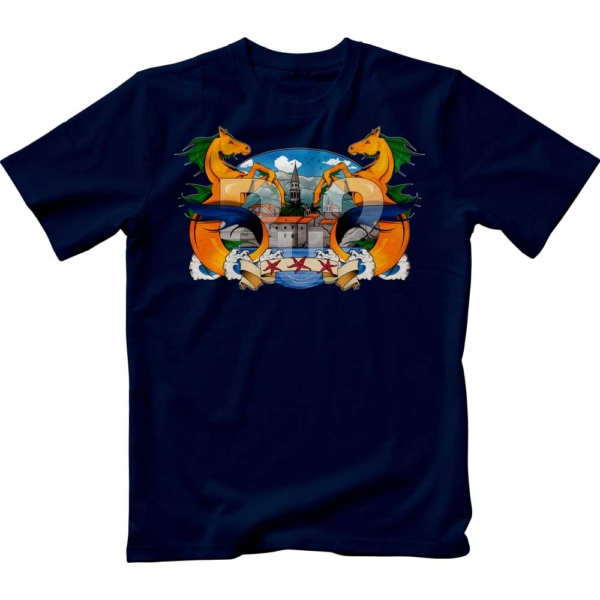 Dark navy t-shirt with unique color print Budva and Mythical Creature variant Bu2