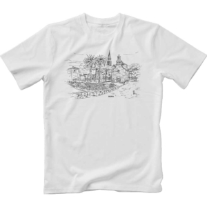 White T-shirt Budva Old Town Church of Holy Trinity monochrome print