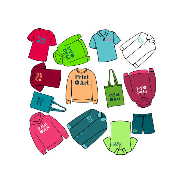 Different types of clothing and bags for print