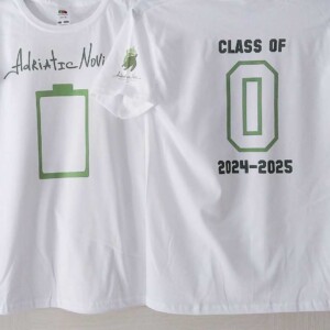 Two t-shirts for newbies of the Adriatic Novi school. 2025. Two T-shirts for the very first class of the Adriatic Novi school, hanging on the front and back sides