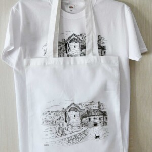 T-shirt and Shopper bag with print "Budva old town, Square between churches" White t-shirt and Shopper bag with print "Budva old town, Square between churches"