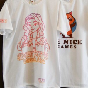 Two white T-shirts for the company Be nice games. Two white T-shirts for the company Be nice games