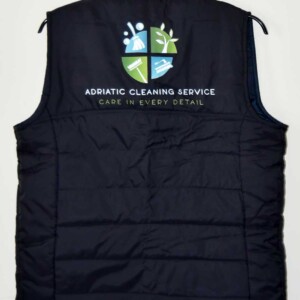 Vest for a cleaning company with a logo on the back Dark blue vest for a cleaning company with a logo on the back